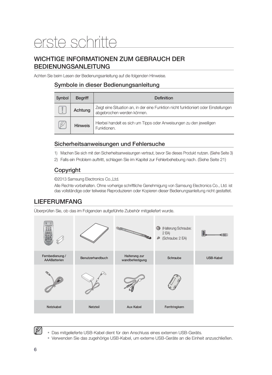 Samsung HW-F350/EN, HW-F355/EN Erste schritte, Wichtige Informationen ZUM Gebrauch DER Bedienungsanleitung, Lieferumfang 