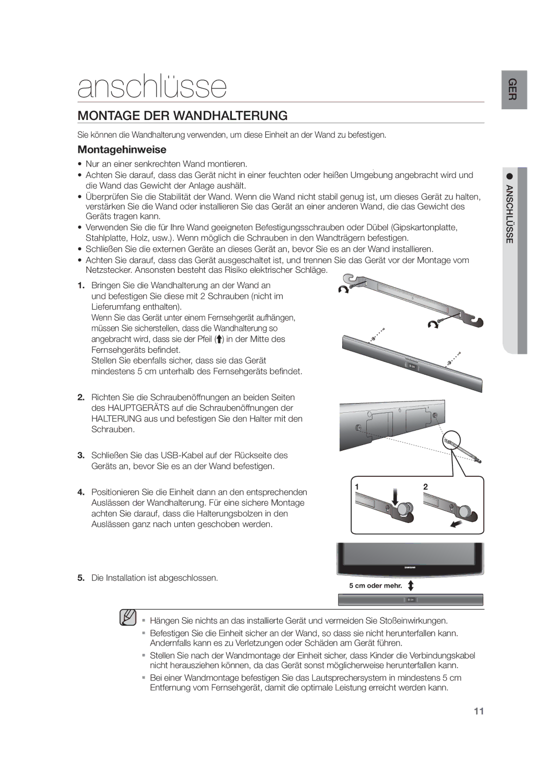 Samsung HW-F350/XN, HW-F355/EN, HW-F355/TK manual Anschlüsse, Montage DER Wandhalterung, Die Installation ist abgeschlossen 