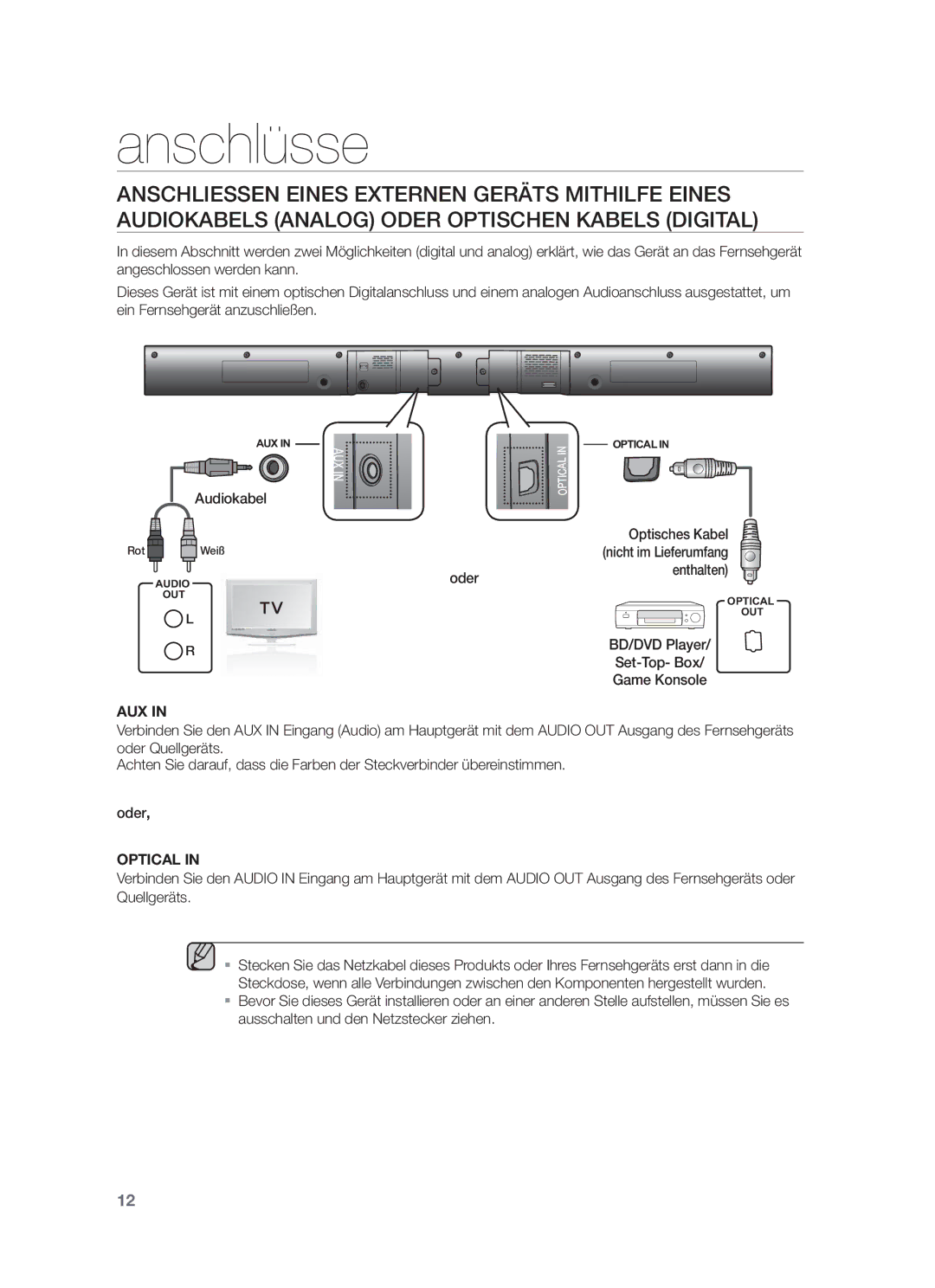 Samsung HW-F355/TK, HW-F355/EN, HW-F350/XN, HW-F350/EN, HW-F355/XN, HW-F355/ZF, HW-F350/ZF manual Optisches Kabel 