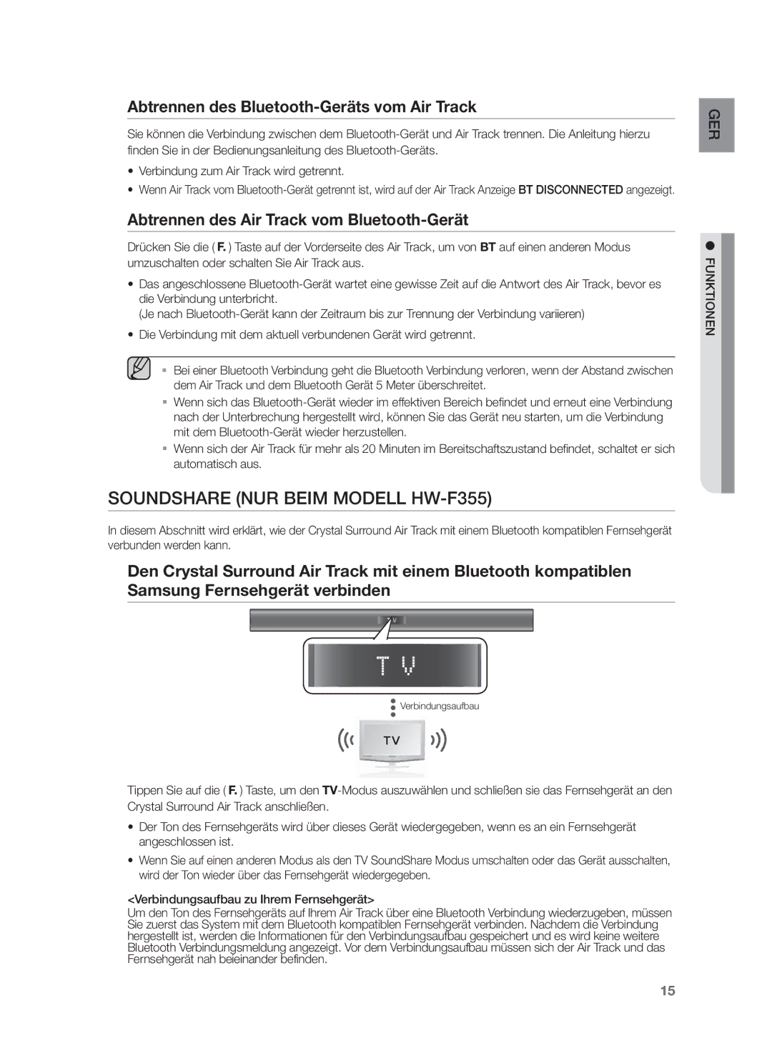 Samsung HW-F355/ZF, HW-F355/EN, HW-F350/XN Soundshare NUR Beim Modell HW-F355, Abtrennen des Bluetooth-Geräts vom Air Track 