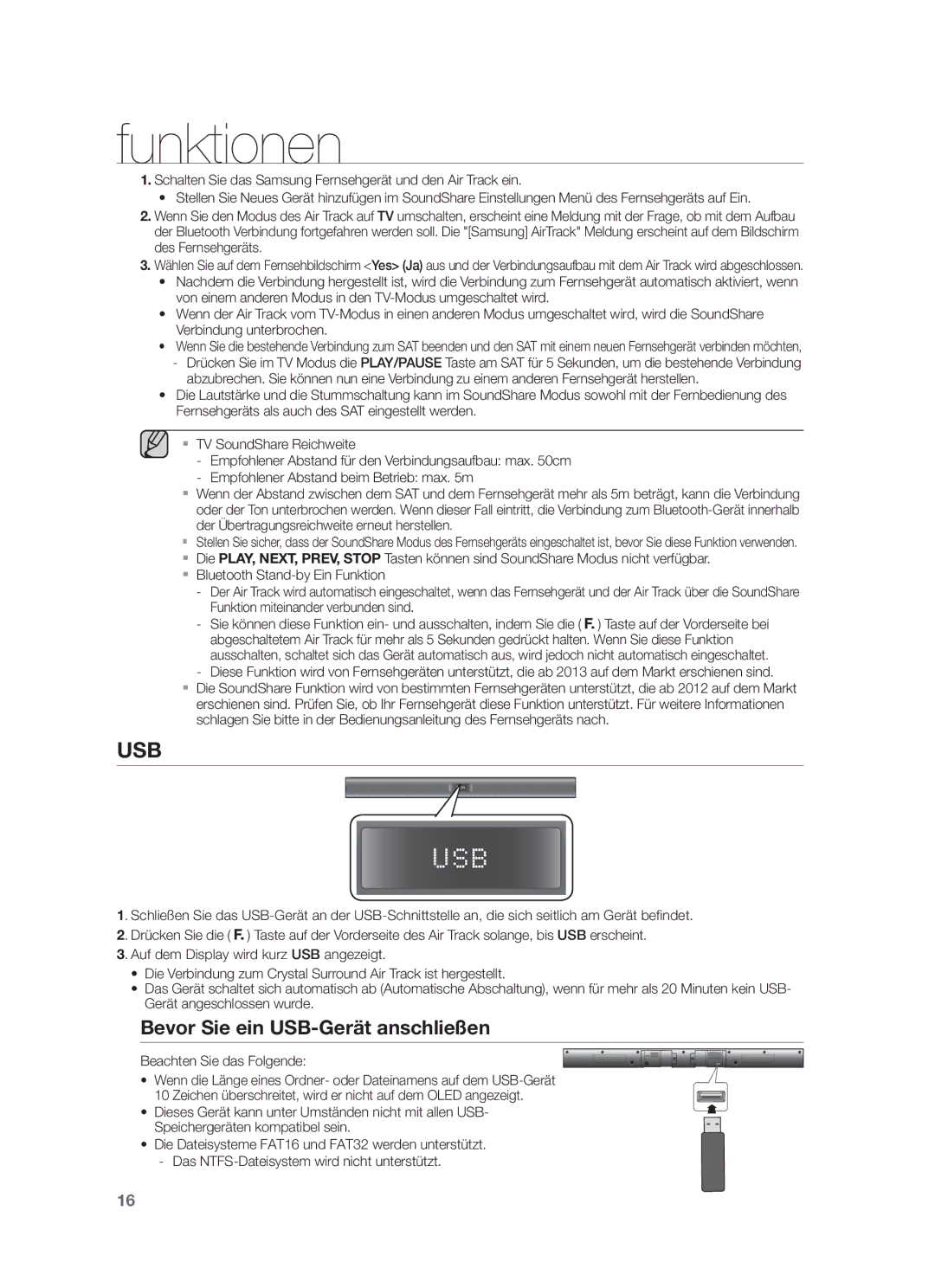 Samsung HW-F350/ZF, HW-F355/EN, HW-F350/XN, HW-F355/TK manual Bevor Sie ein USB-Gerät anschließen, Beachten Sie das Folgende 