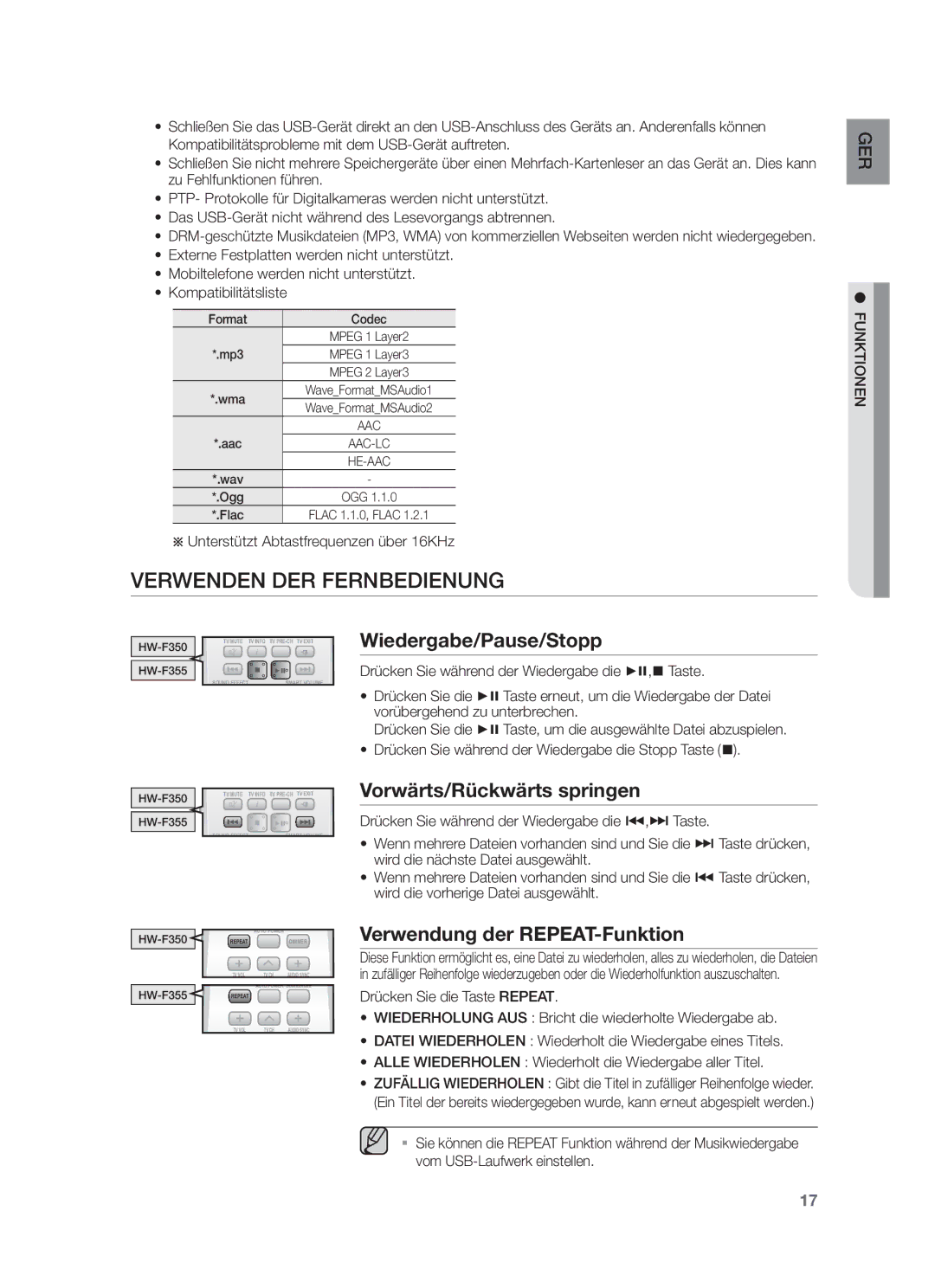 Samsung HW-F355/EN, HW-F350/XN, HW-F355/TK Verwenden DER Fernbedienung, Wiedergabe/Pause/Stopp, Vorwärts/Rückwärts springen 