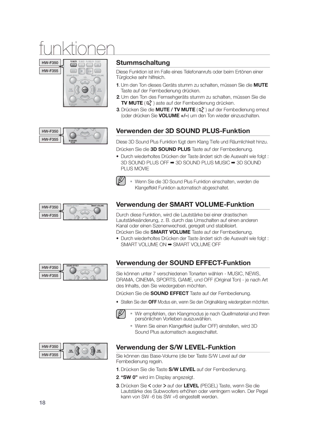 Samsung HW-F350/XN, HW-F355/EN Stummschaltung, Verwenden der 3D Sound PLUS-Funktion, Verwendung der Smart VOLUME-Funktion 