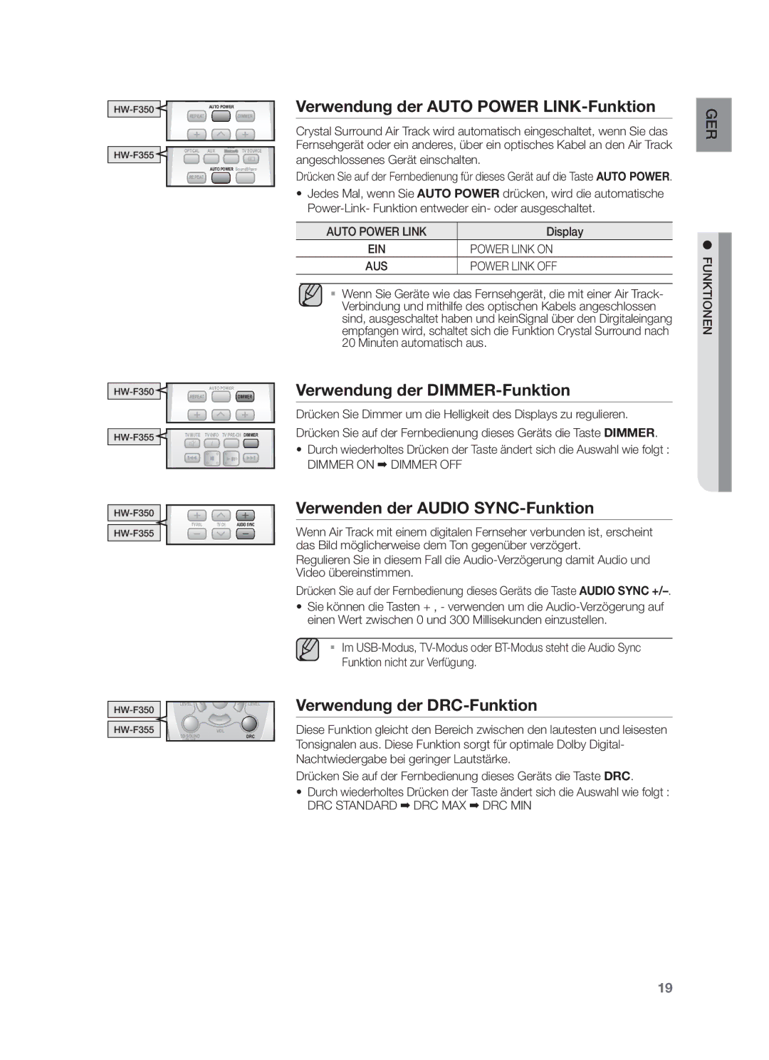 Samsung HW-F355/TK Verwendung der Auto Power LINK-Funktion, Verwendung der DIMMER-Funktion, Verwendung der DRC-Funktion 