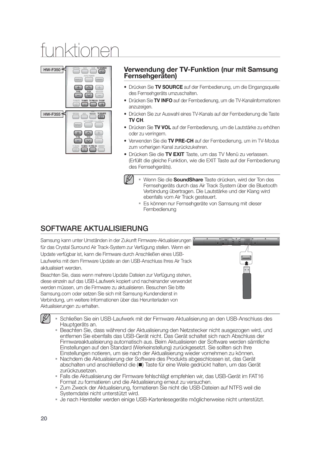 Samsung HW-F350/EN, HW-F355/EN manual Software Aktualisierung, Verwendung der TV-Funktion nur mit Samsung Fernsehgeräten 