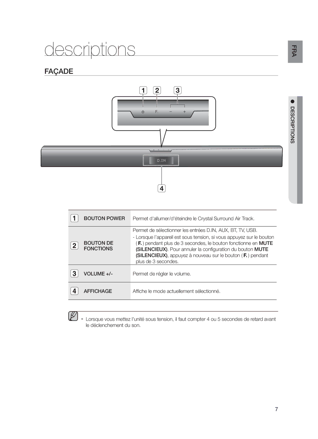 Samsung HW-F355/EN, HW-F350/XN, HW-F355/TK, HW-F350/EN, HW-F355/XN, HW-F355/ZF, HW-F350/ZF manual Descriptions, Façade 