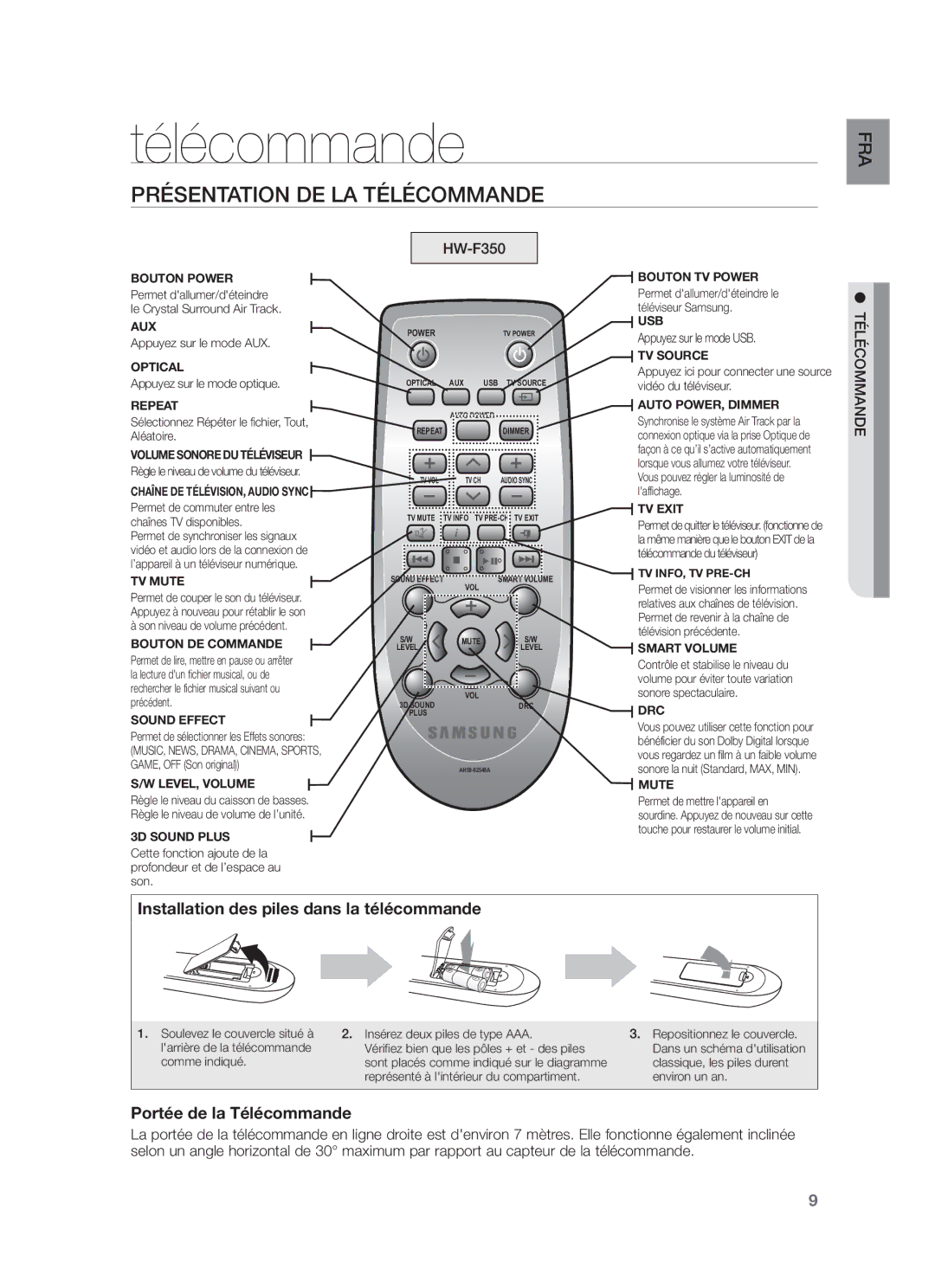 Samsung HW-F355/TK, HW-F355/EN, HW-F350/XN, HW-F350/EN manual Présentation DE LA Télécommande, Appuyez sur le mode USB 