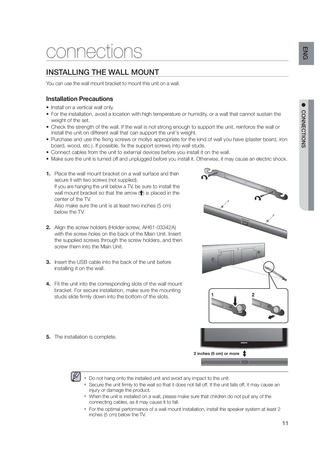 Samsung HW-F355/SQ manual Connections, Installing the Wall Mount, Studs slide firmly down into the bottom of the slots 