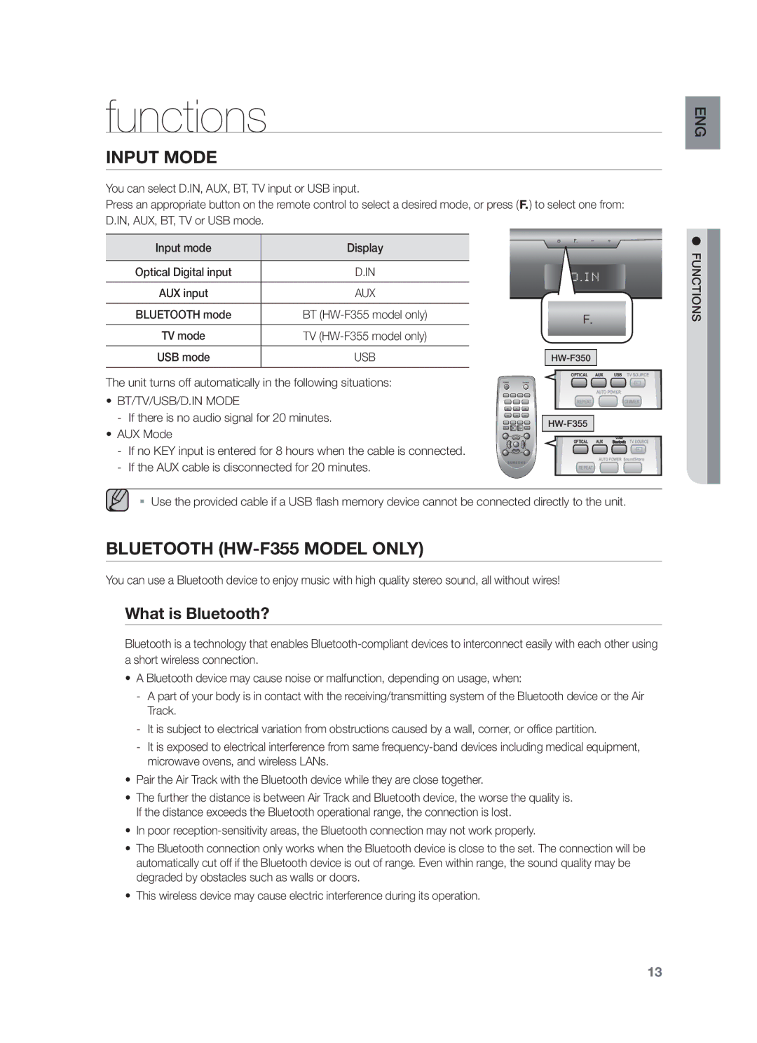 Samsung HW-F355/SQ, HW-F355/EN manual Functions, What is Bluetooth?, BT/TV/USB/D.IN Mode 