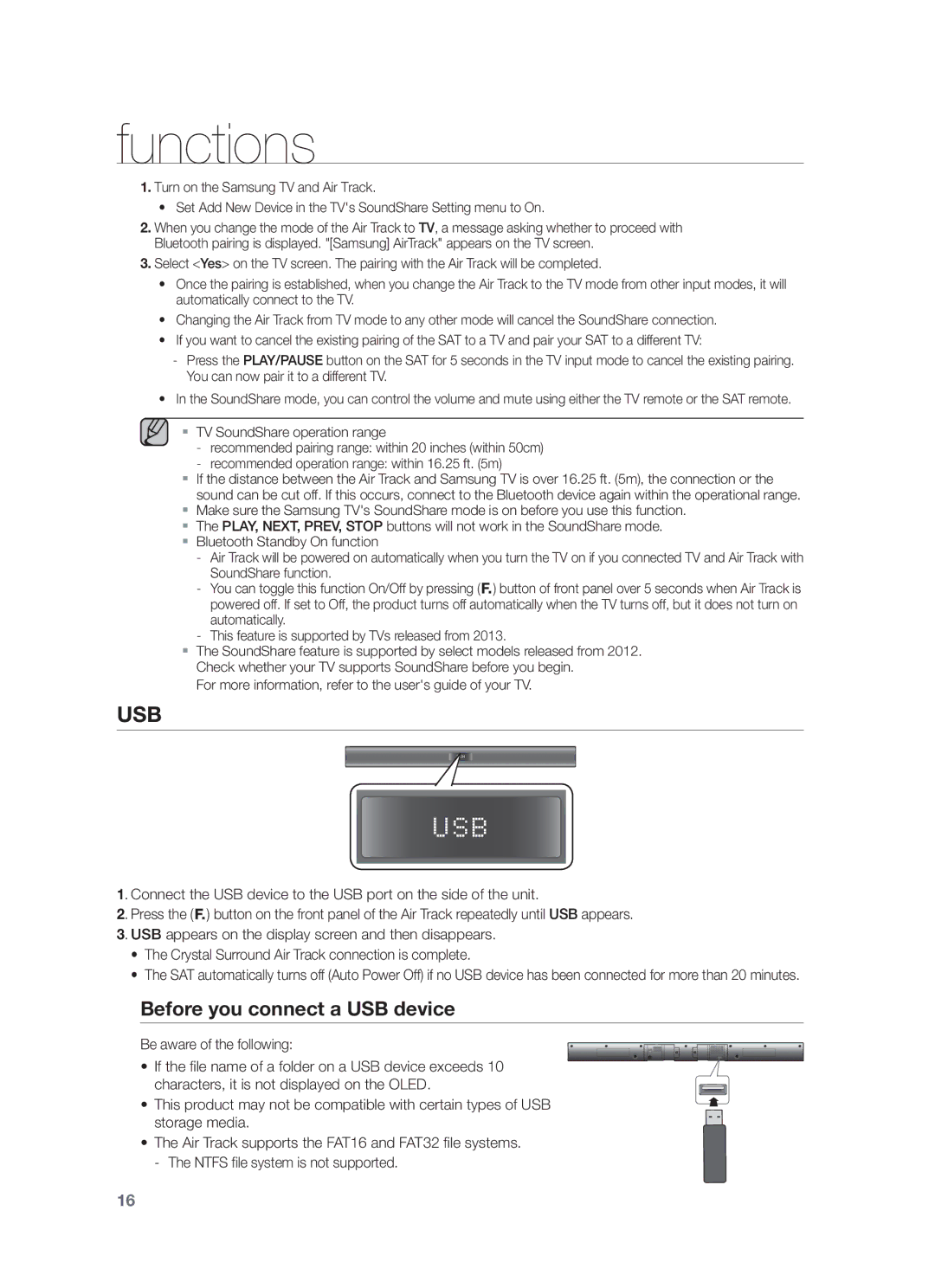 Samsung HW-F355/EN, HW-F355/SQ manual Before you connect a USB device, Be aware of the following 