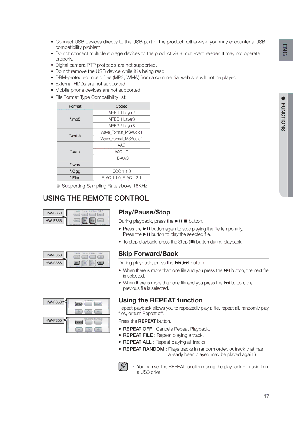 Samsung HW-F355/SQ, HW-F355/EN Using the Remote Control, Play/Pause/Stop, Skip Forward/Back, Using the Repeat function 