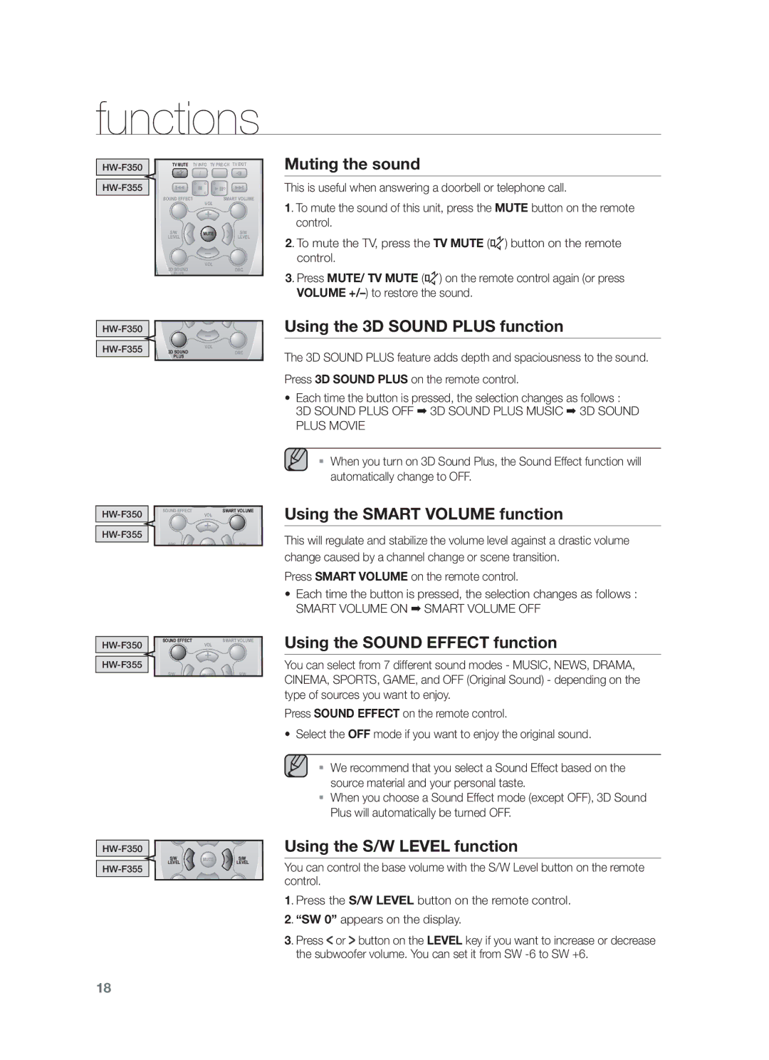 Samsung HW-F355/EN, HW-F355/SQ manual Muting the sound, Using the 3D Sound Plus function, Using the Smart Volume function 