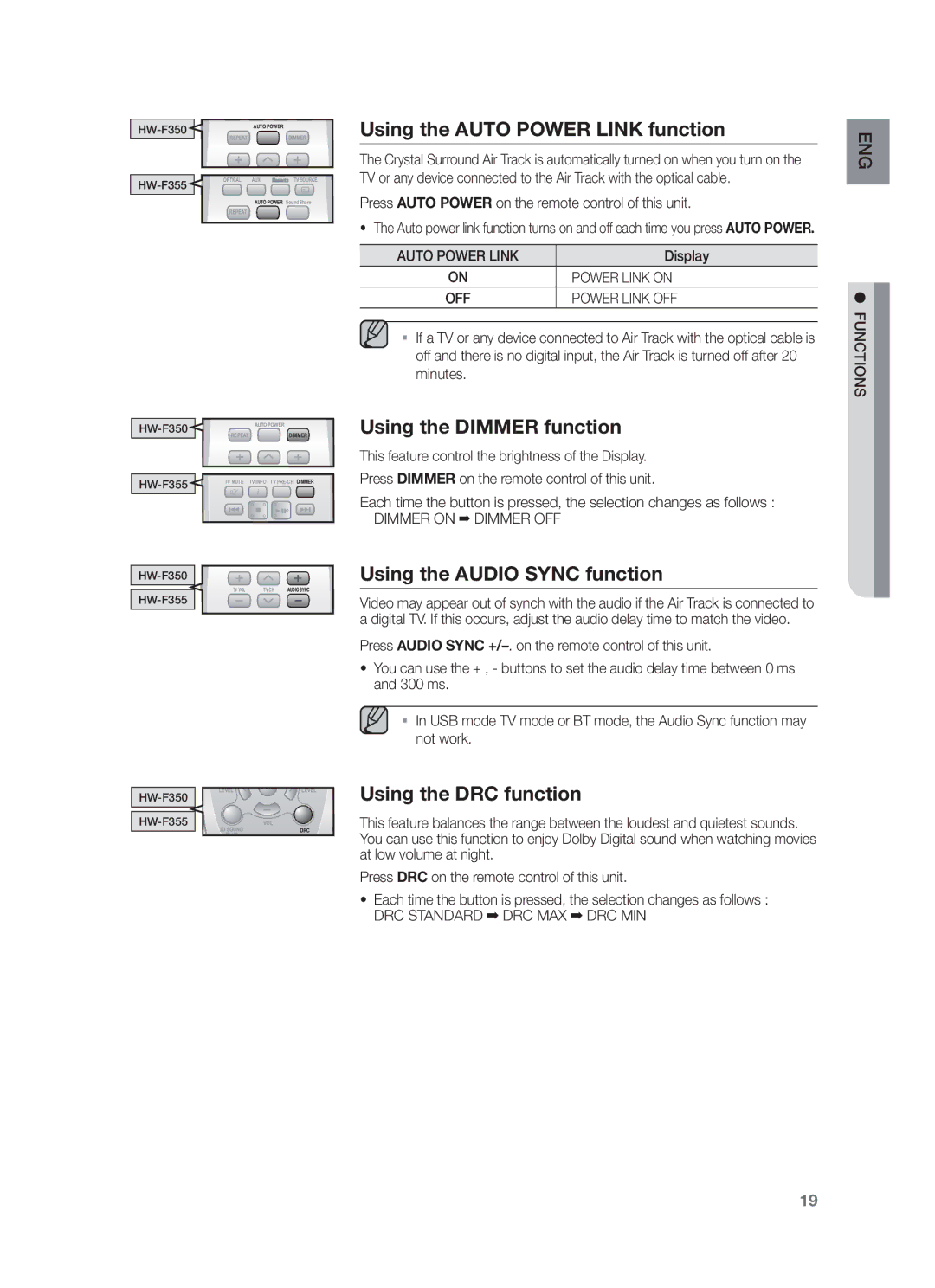 Samsung HW-F355/SQ manual Using the Auto Power Link function, Using the Dimmer function, Using the Audio Sync function 