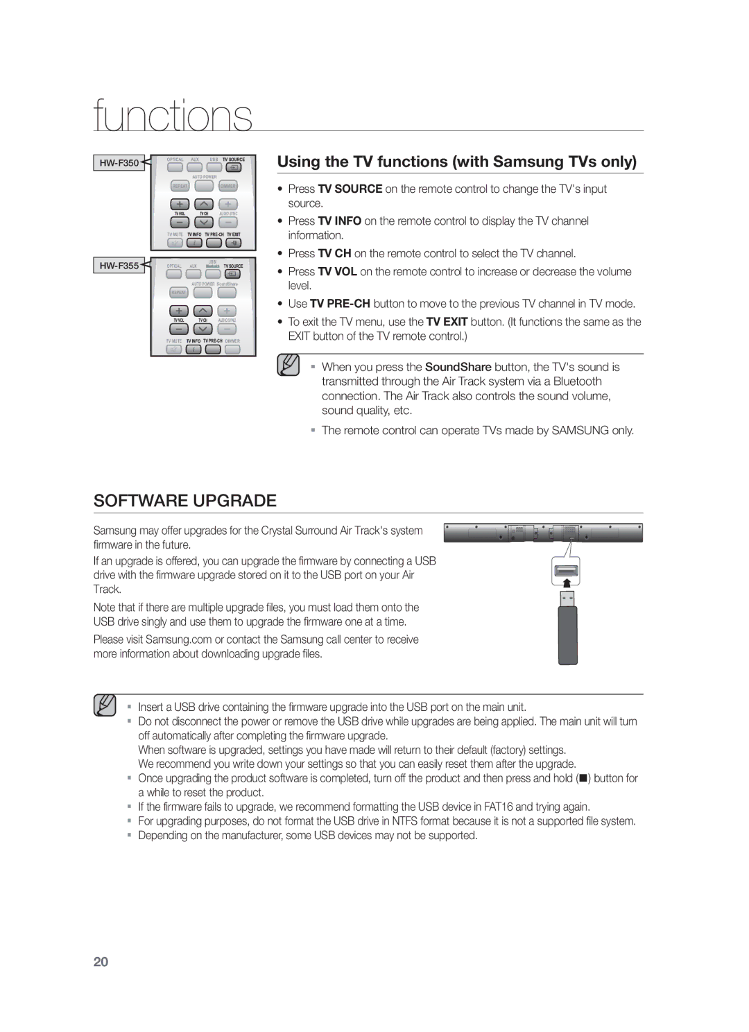 Samsung HW-F355/EN, HW-F355/SQ manual Software Upgrade, Using the TV functions with Samsung TVs only 