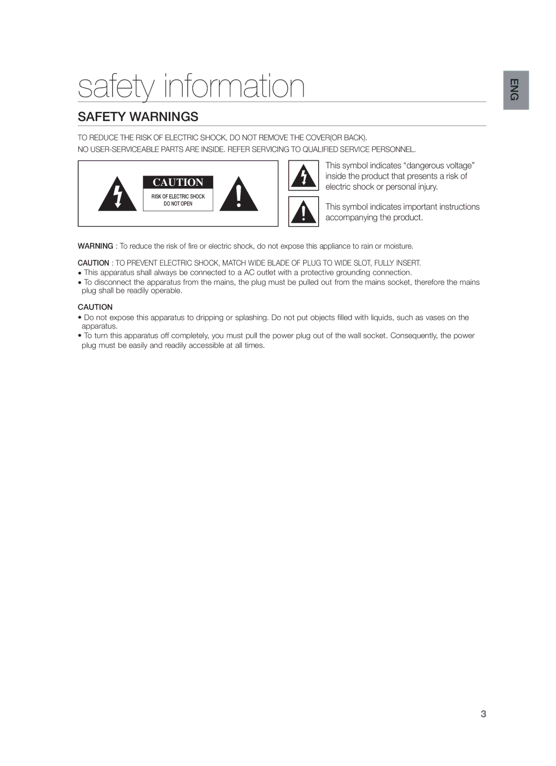 Samsung HW-F355/SQ manual Safety information, Safety Warnings, Electric shock or personal injury, Accompanying the product 