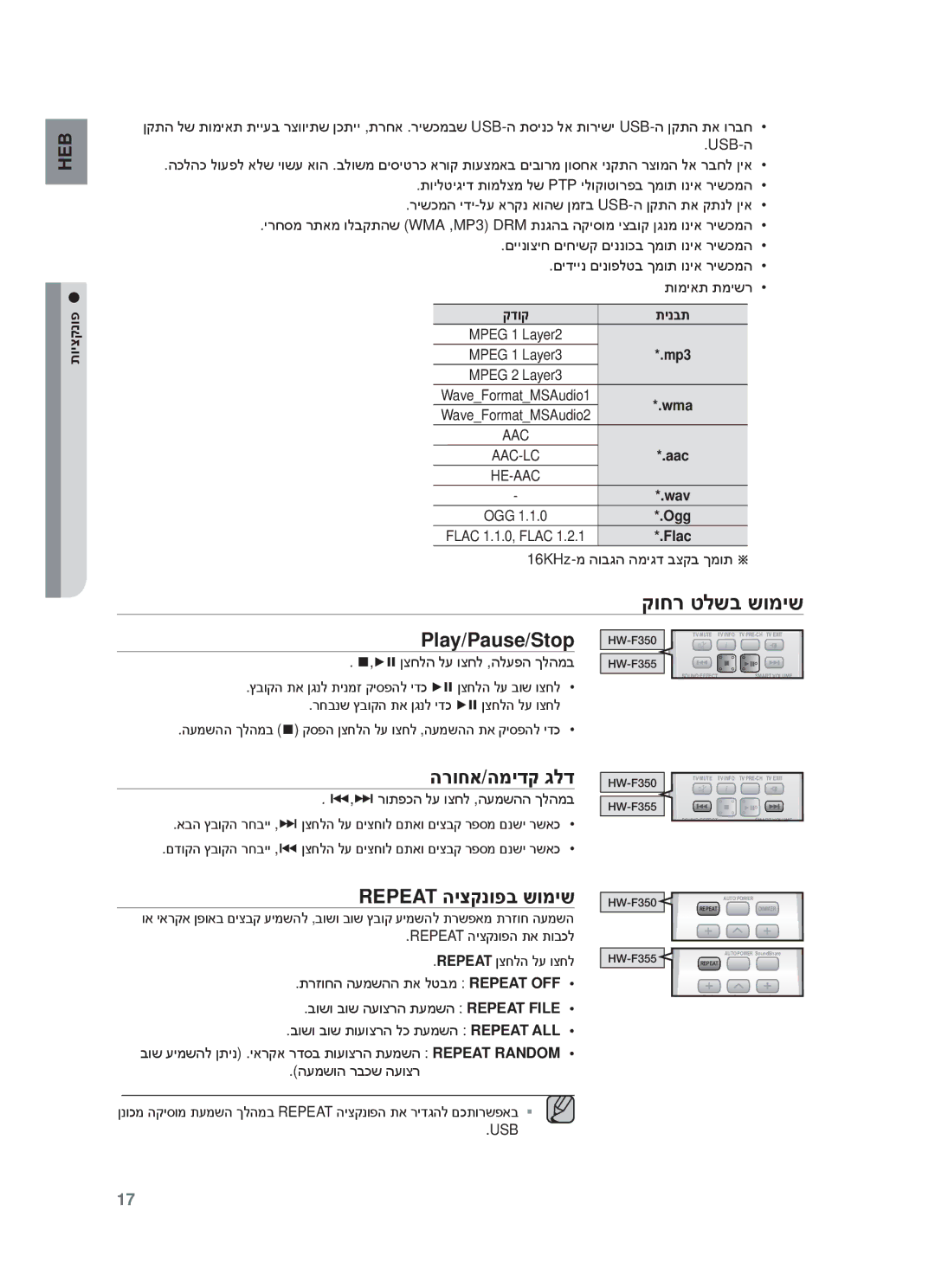 Samsung HW-F355/EN, HW-F355/SQ manual קוחר טלשב שומיש, הרוחא/המידק גלד, Repeat היצקנופב שומיש 