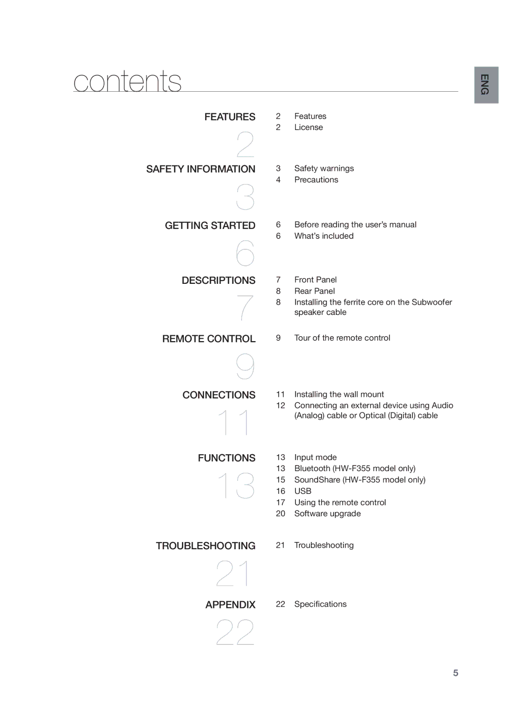 Samsung HW-F355/SQ, HW-F355/EN manual Contents 