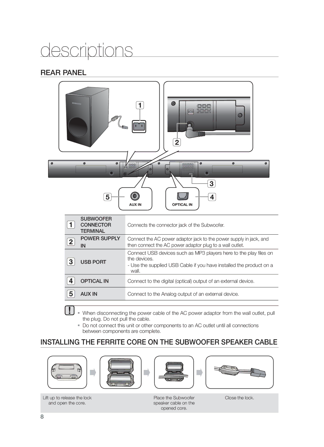 Samsung HW-F355/EN, HW-F355/SQ manual Rear Panel, Installing the Ferrite Core on the Subwoofer Speaker Cable 