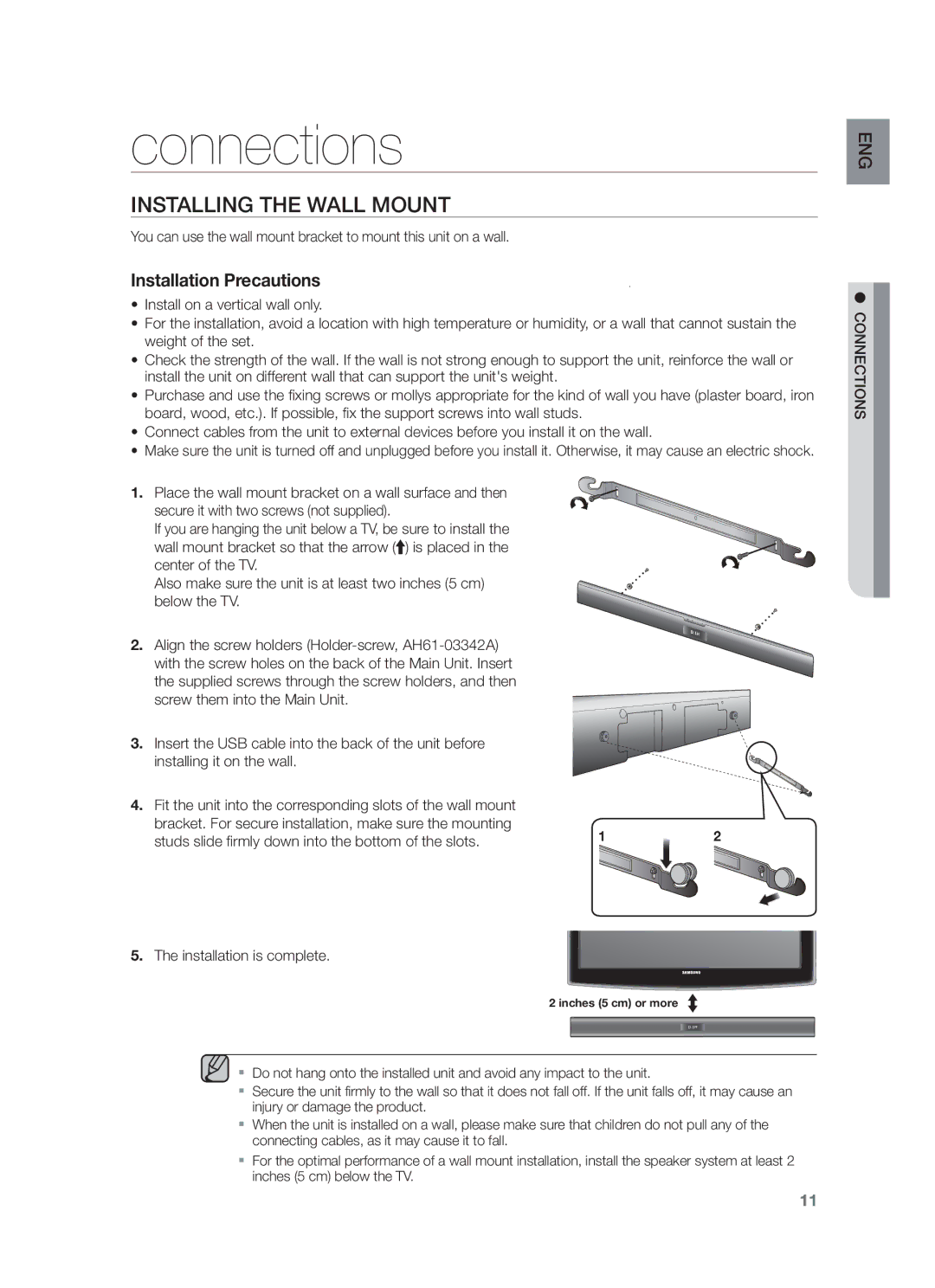 Samsung HW-F355/ZF manual Connections, Installing the Wall Mount, Studs slide firmly down into the bottom of the slots 