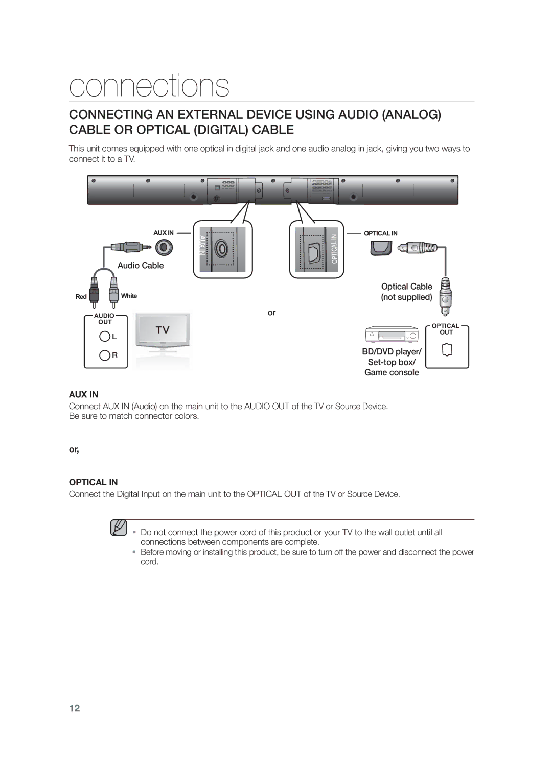 Samsung HW-F355/EN, HW-F355/TK, HW-F355/XN, HW-F355/ZF manual Audio Cable, Optical Cable, Not supplied 