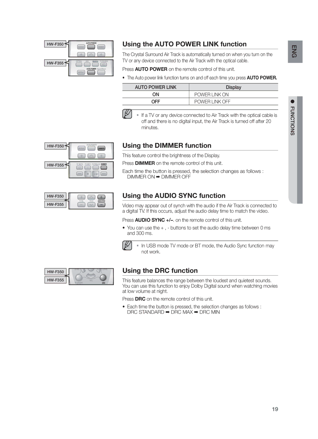 Samsung HW-F355/ZF manual Using the Auto Power Link function, Using the Dimmer function, Using the Audio Sync function 