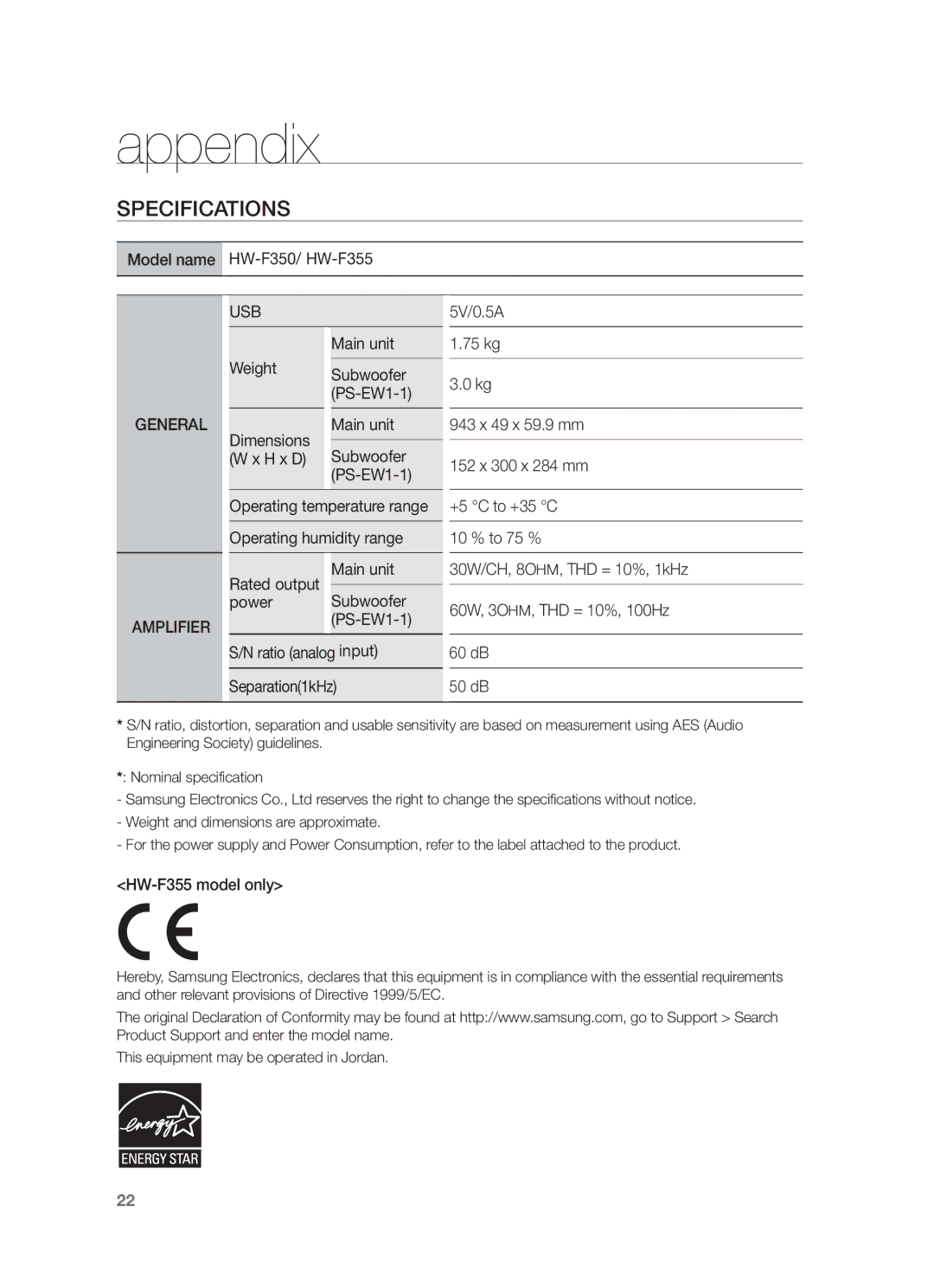 Samsung HW-F355/XN Appendix, Specifications, Weight Subwoofer PS-EW1-1, H x D Subwoofer PS-EW1-1, Power Subwoofer PS-EW1-1 