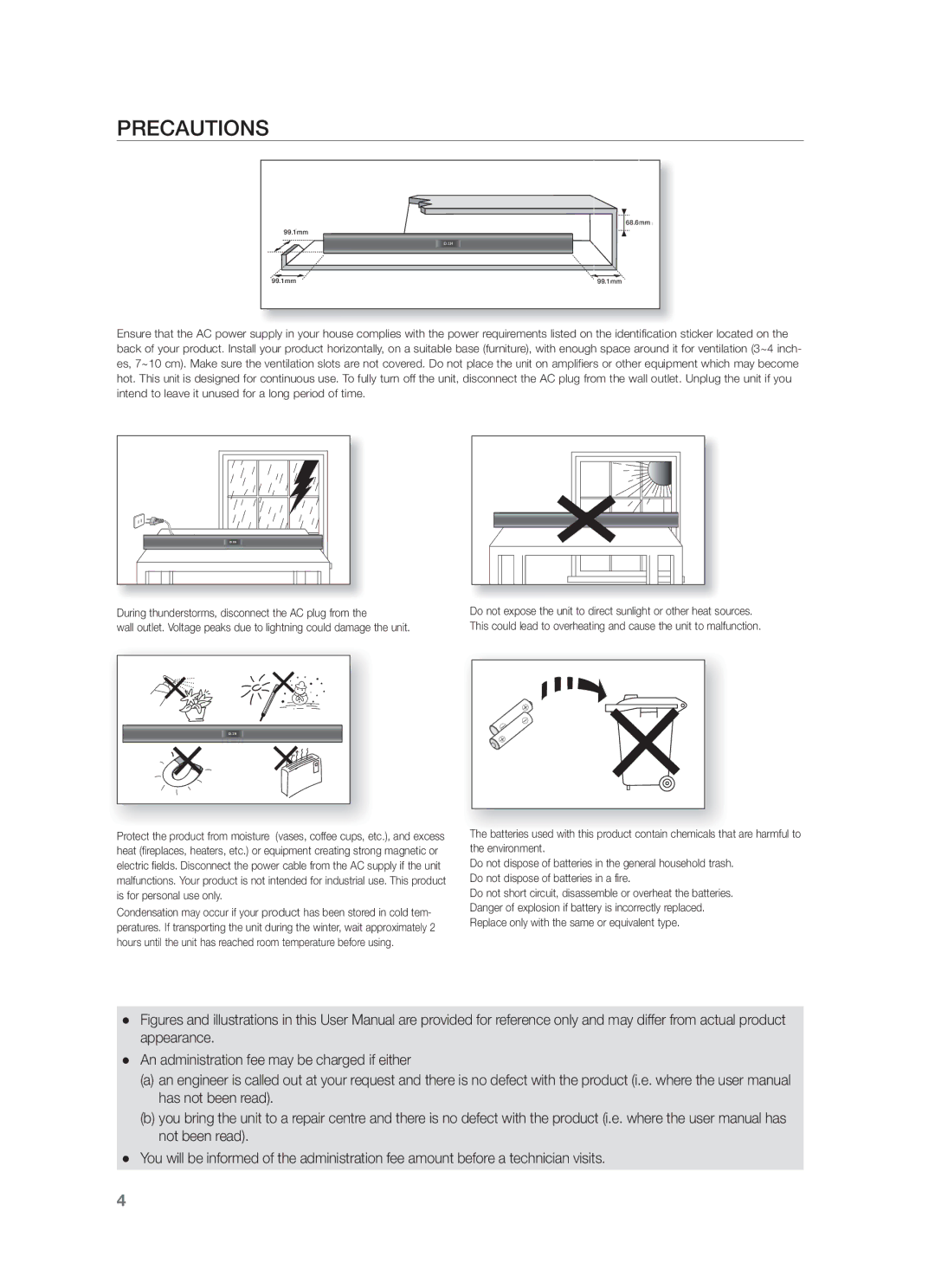 Samsung HW-F355/EN, HW-F355/TK, HW-F355/XN, HW-F355/ZF manual Precautions 