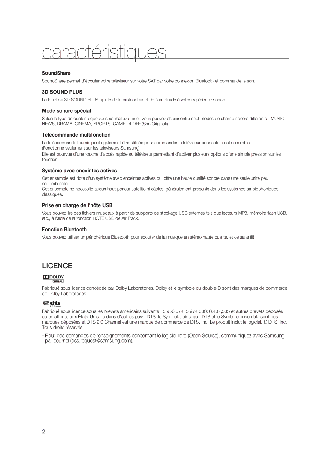 Samsung HW-F355/EN, HW-F355/TK, HW-F355/XN, HW-F355/ZF manual Caractéristiques 