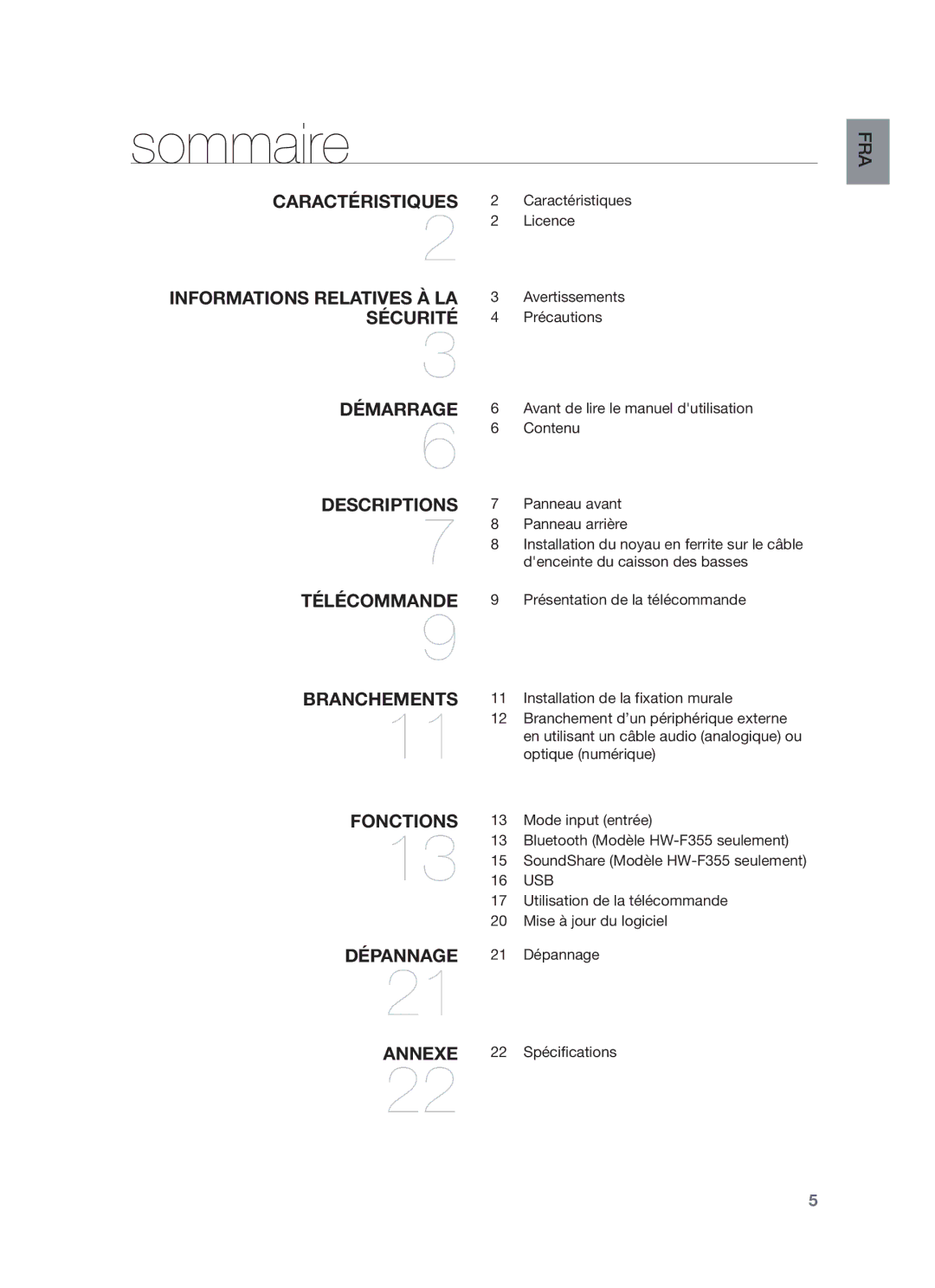 Samsung HW-F355/ZF, HW-F355/EN, HW-F355/TK, HW-F355/XN manual Sommaire 