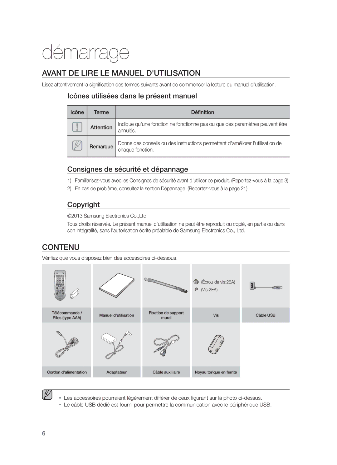 Samsung HW-F355/EN, HW-F355/TK, HW-F355/XN, HW-F355/ZF manual Démarrage, Avant DE Lire LE Manuel Dutilisation, Contenu 