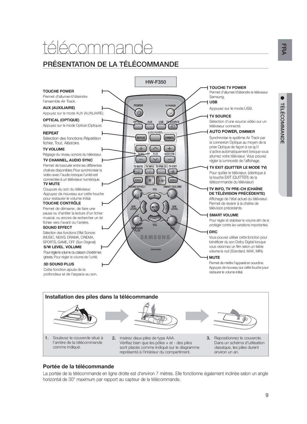 Samsung HW-F355/ZF, HW-F355/EN, HW-F355/TK, HW-F355/XN manual Présentation DE LA Télécommande 