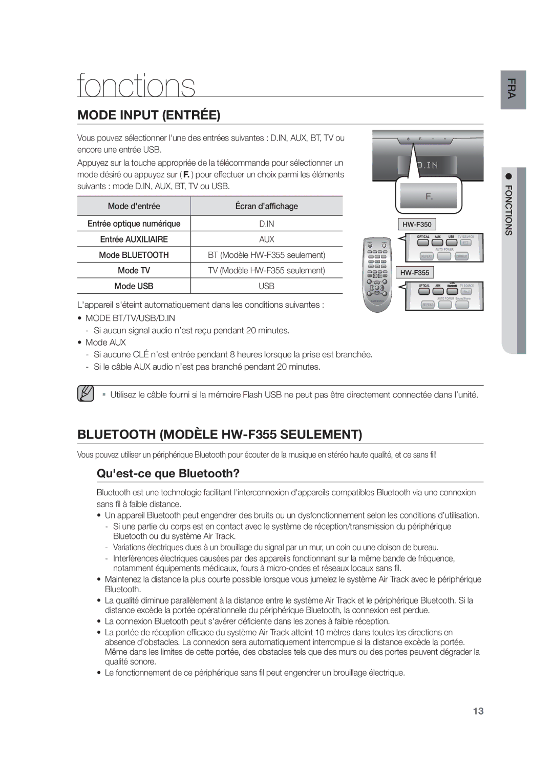 Samsung HW-F355/ZF, HW-F355/EN Fonctions, Quest-ce que Bluetooth?, Mode dentrée Écran d’affichage, Mode BT/TV/USB/D.IN 