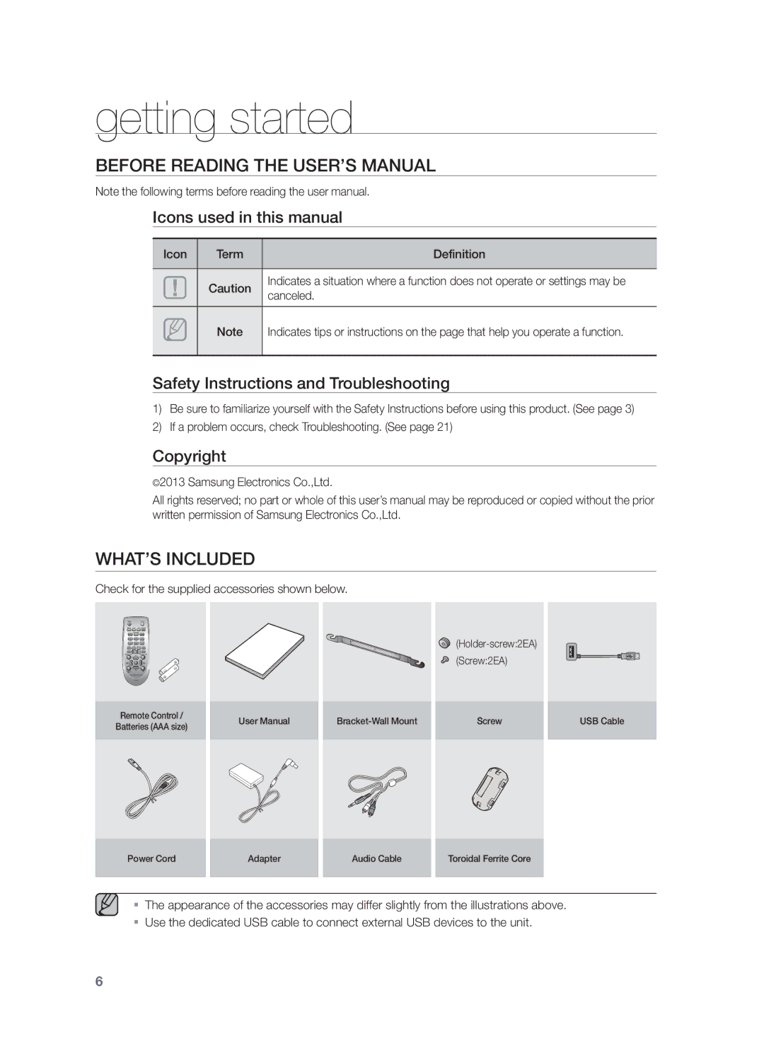 Samsung HW-F355/XN, HW-F355/EN, HW-F355/TK, HW-F355/ZF Getting started, Before Reading the USER’S Manual, WHAT’S Included 