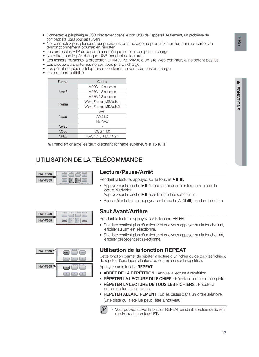 Samsung HW-F355/ZF, HW-F355/EN, HW-F355/TK manual Lecture/Pause/Arrêt, Saut Avant/Arrière, Utilisation de la fonction Repeat 