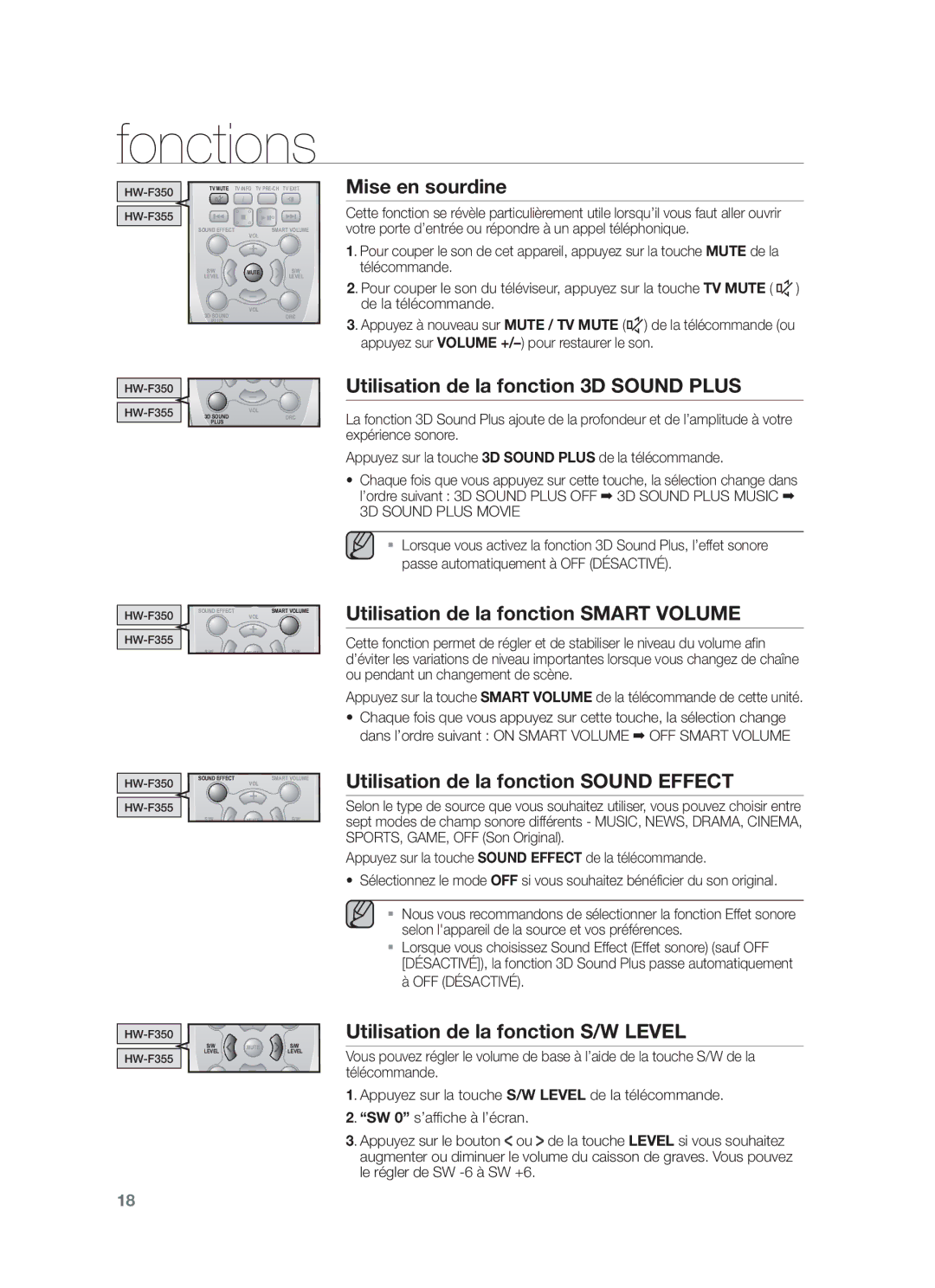 Samsung HW-F355/EN Mise en sourdine, Utilisation de la fonction 3D Sound Plus, Utilisation de la fonction Smart Volume 