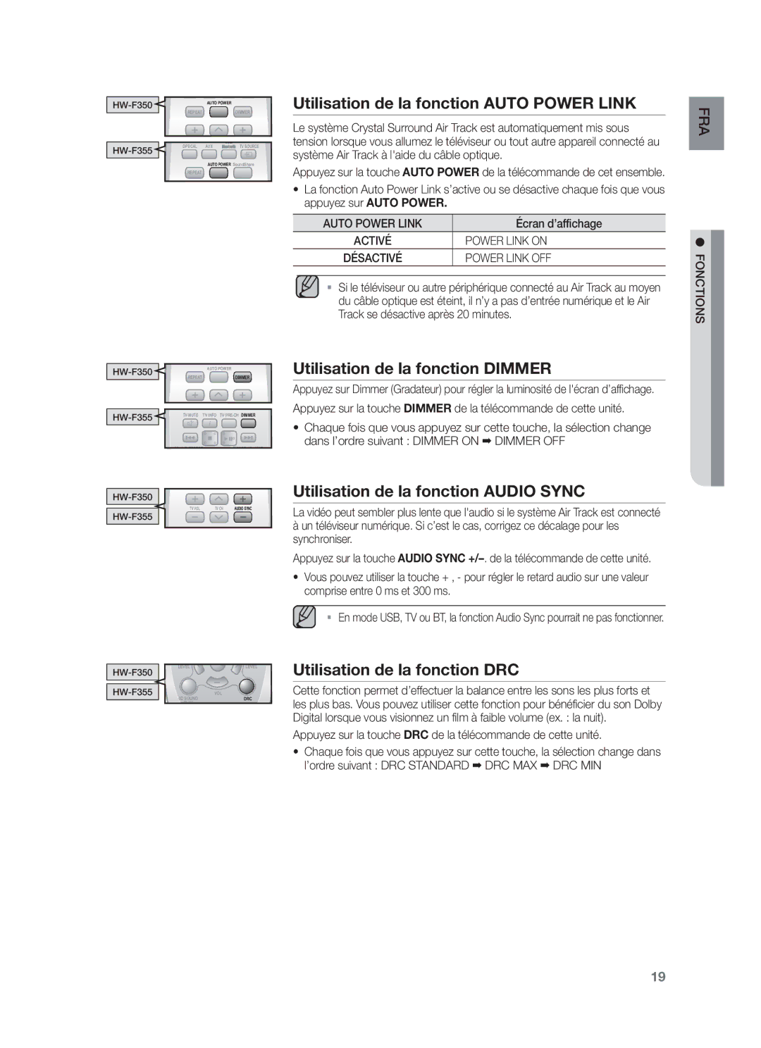 Samsung HW-F355/TK, HW-F355/EN, HW-F355/XN Utilisation de la fonction Auto Power Link, Utilisation de la fonction Dimmer 