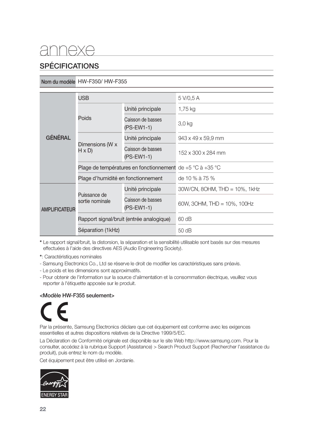 Samsung HW-F355/EN, HW-F355/TK, HW-F355/XN Annexe, Spécifications, Nom du modèle, Plage de températures en fonctionnement 