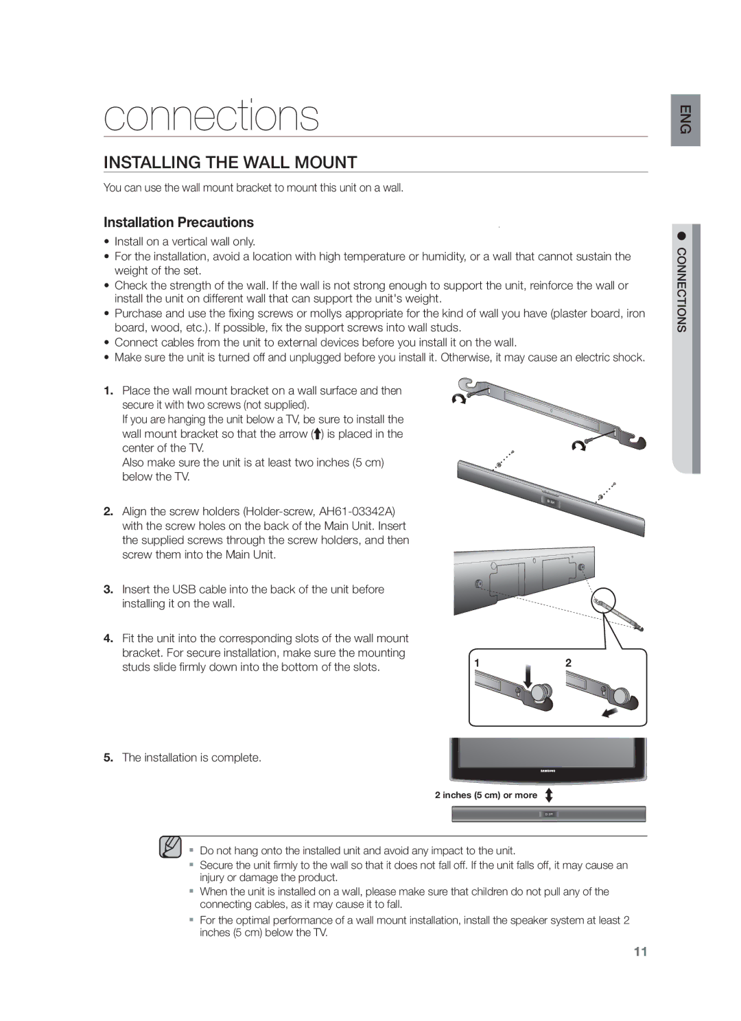 Samsung HW-F355/UM manual Connections, Installing the Wall Mount, Studs slide firmly down into the bottom of the slots 