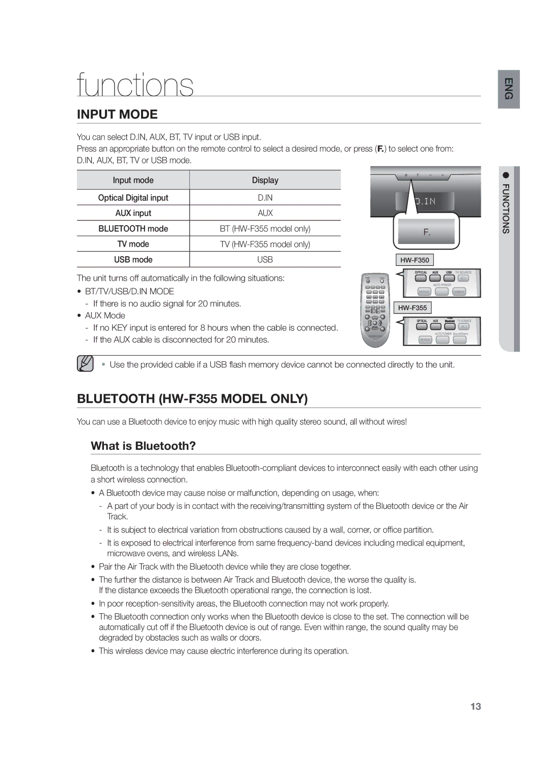 Samsung HW-F355/UM, HW-F355/EN manual Functions, What is Bluetooth?, BT/TV/USB/D.IN Mode 