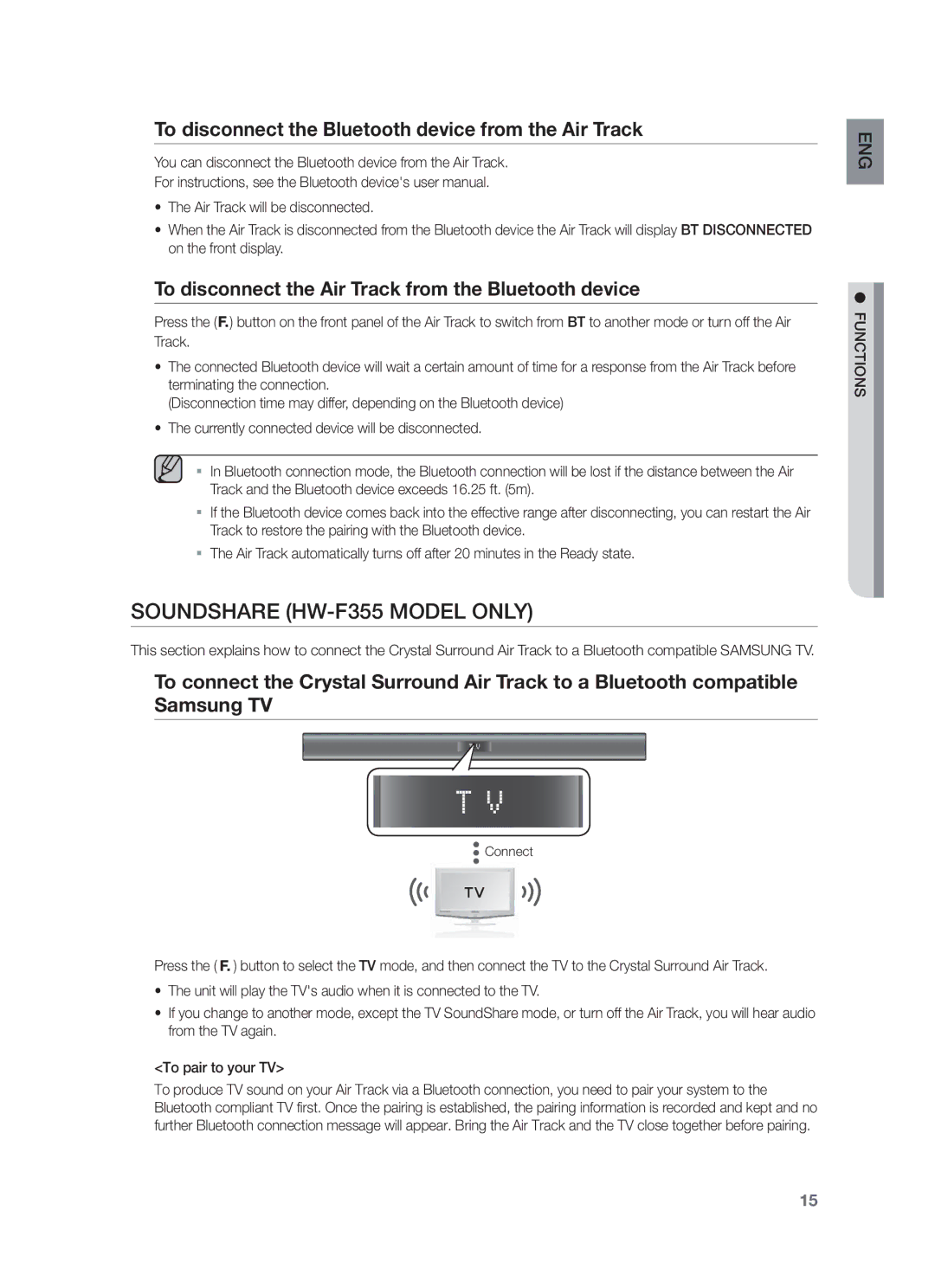 Samsung HW-F355/UM manual Soundshare HW-F355 Model only, To disconnect the Bluetooth device from the Air Track, Connect 