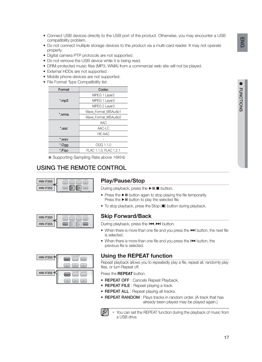 Samsung HW-F355/UM, HW-F355/EN Using the Remote Control, Play/Pause/Stop, Skip Forward/Back, Using the Repeat function 