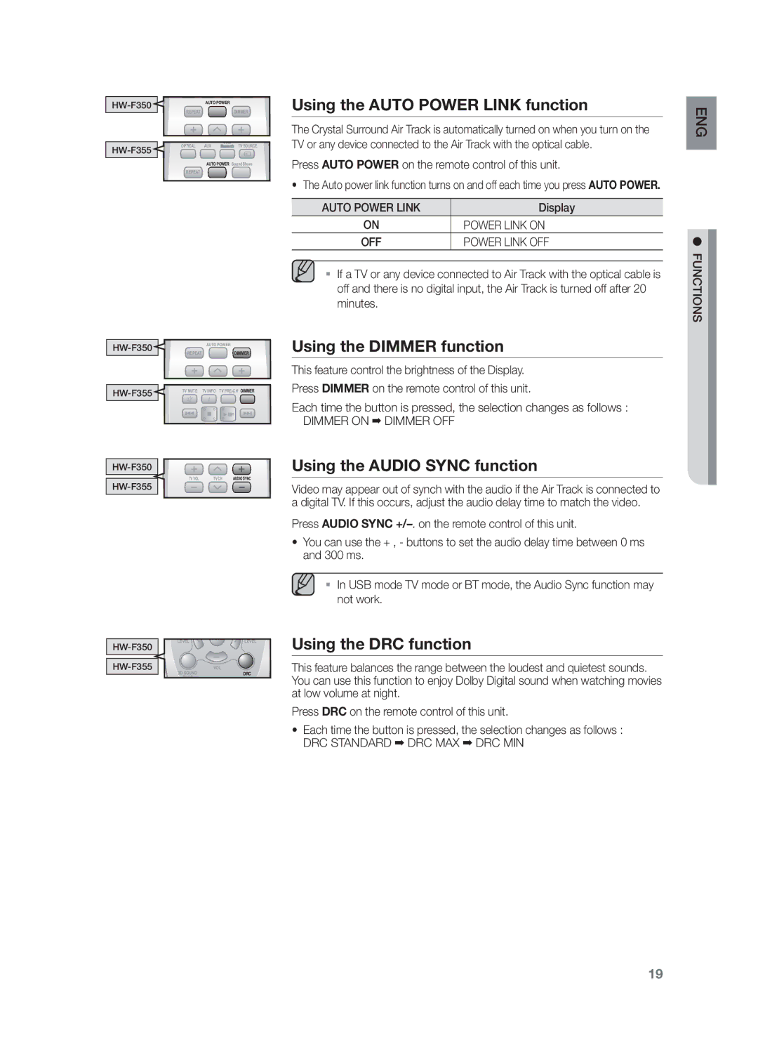 Samsung HW-F355/UM manual Using the Auto Power Link function, Using the Dimmer function, Using the Audio Sync function 