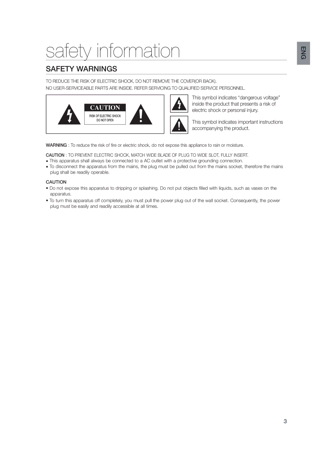 Samsung HW-F355/UM manual Safety information, Safety Warnings, Electric shock or personal injury, Accompanying the product 