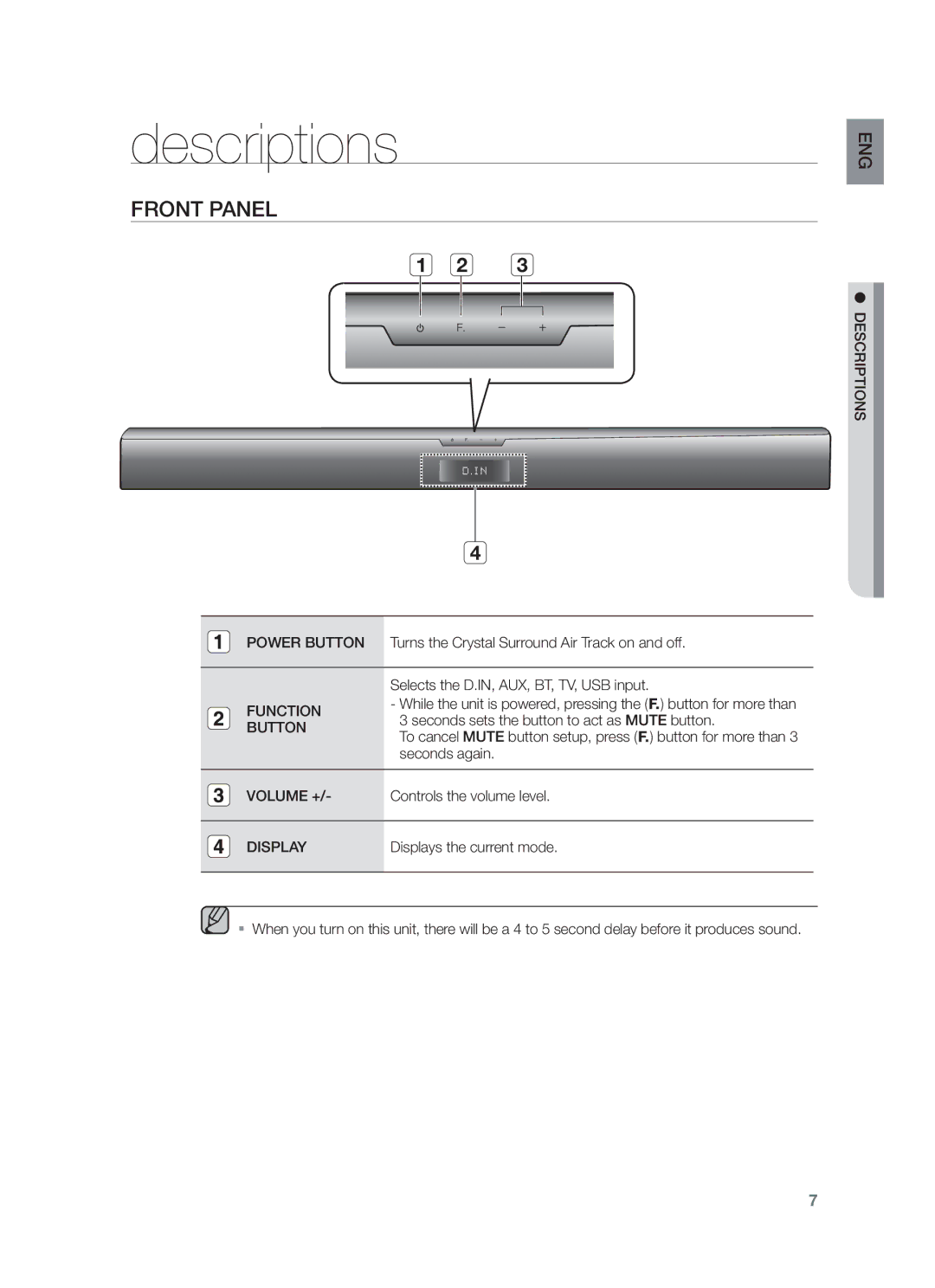 Samsung HW-F355/UM, HW-F355/EN manual Descriptions, Front Panel 