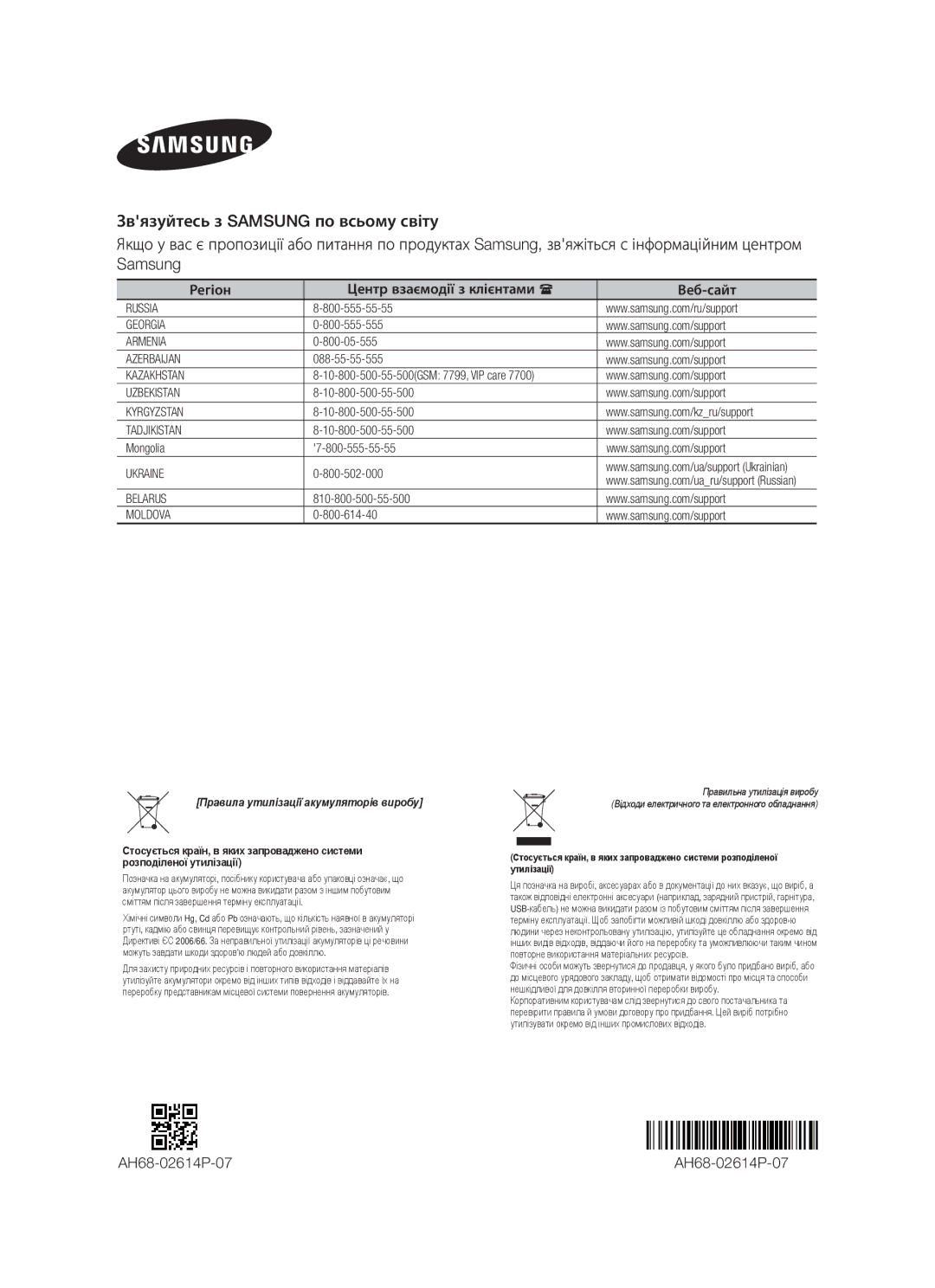 Samsung HW-F350/RU, HW-F355/RU manual AH68-02614P-07, Регіон Центр взаємодії з клієнтами Веб-сайт 