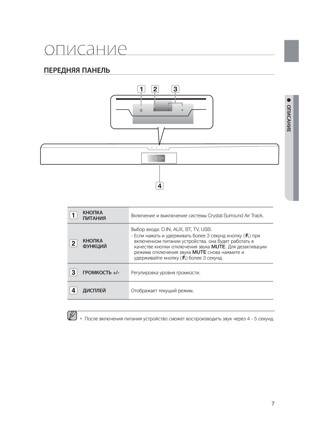 Samsung HW-F350/RU, HW-F355/RU manual Передняя Панель, Описание Кнопка, Питания Кнопка Функций, Дисплей 