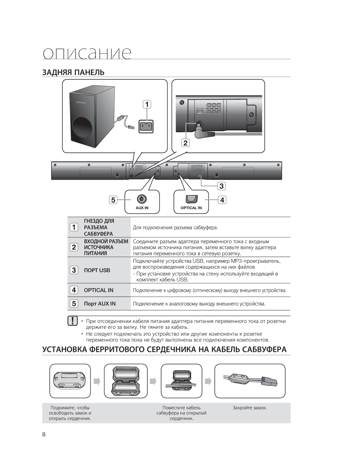 Samsung HW-F355/RU, HW-F350/RU manual Задняя Панель, Установка Ферритового Сердечника НА Кабель Сабвуфера 