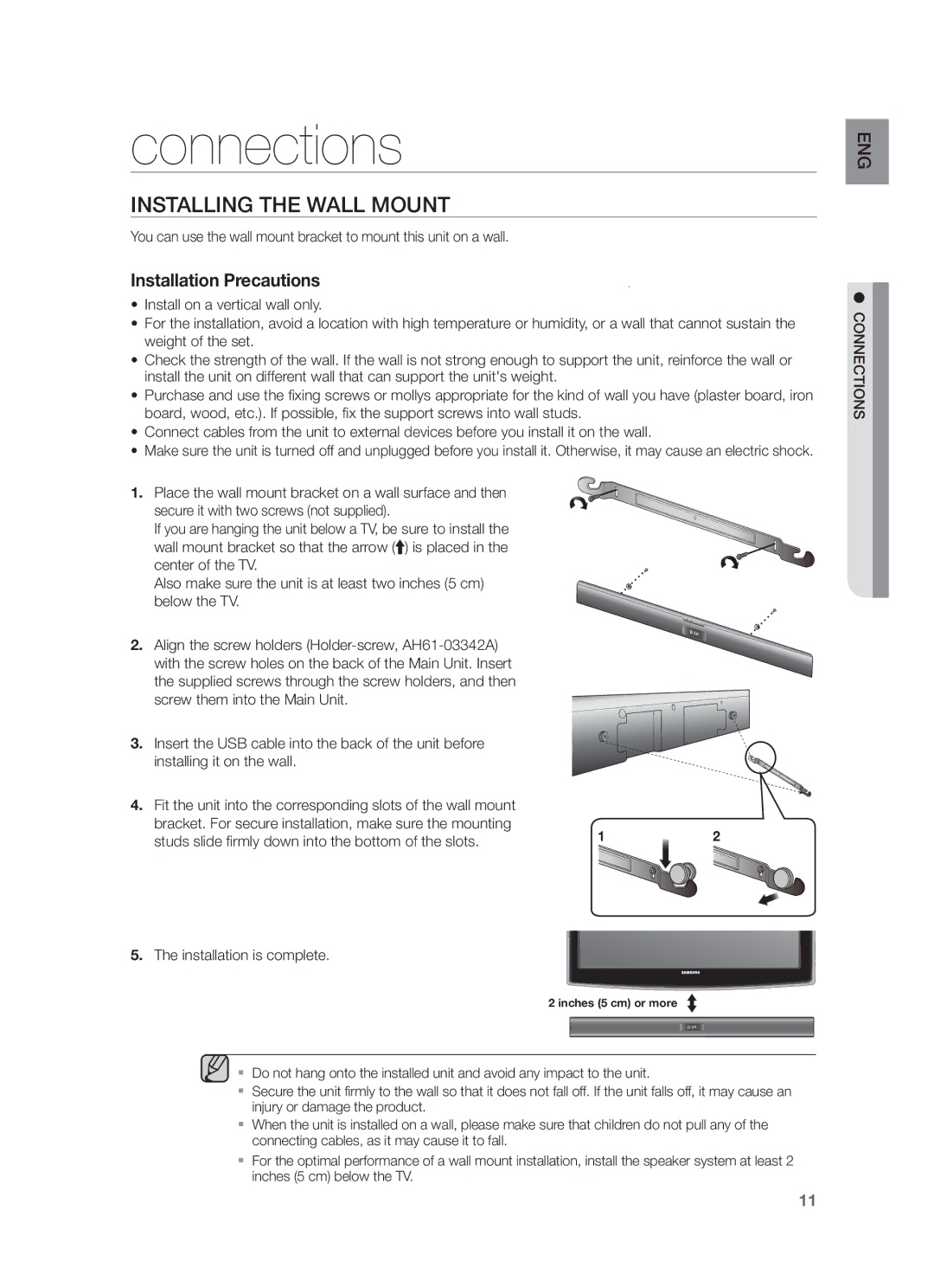 Samsung HW-F355/XV manual Connections, Installing the Wall Mount, Studs slide firmly down into the bottom of the slots 