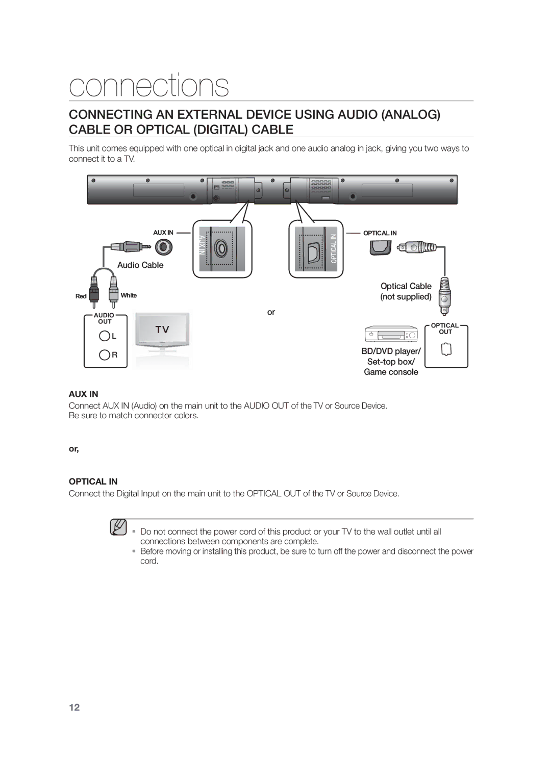 Samsung HW-F355/XV manual Audio Cable, Optical Cable, Not supplied, Aux 