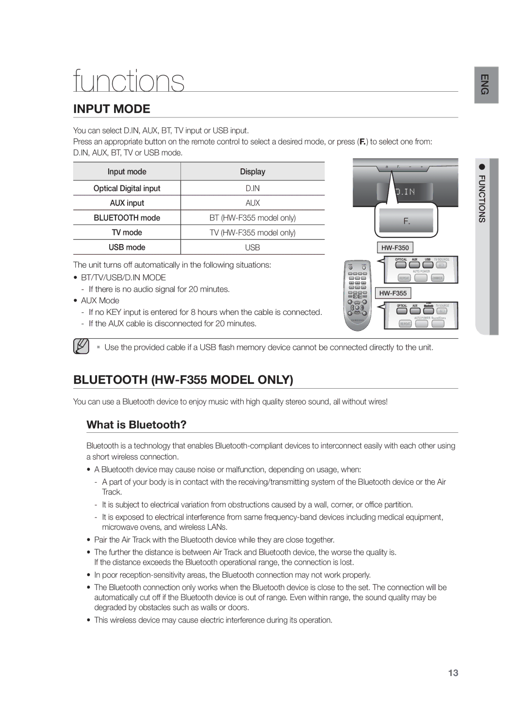 Samsung HW-F355/XV manual Functions, Input Mode, Bluetooth HW-F355 Model only, What is Bluetooth? 